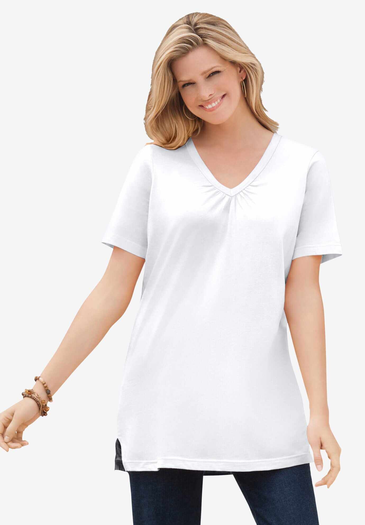 Perfect Short-Sleeve Shirred V-Neck Tunic