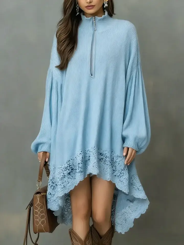 🔥Summer Arrivals🌟Women's Solid Color Stand-collar Long-sleeved Casual Loose Knit Dress With Lace Trim.