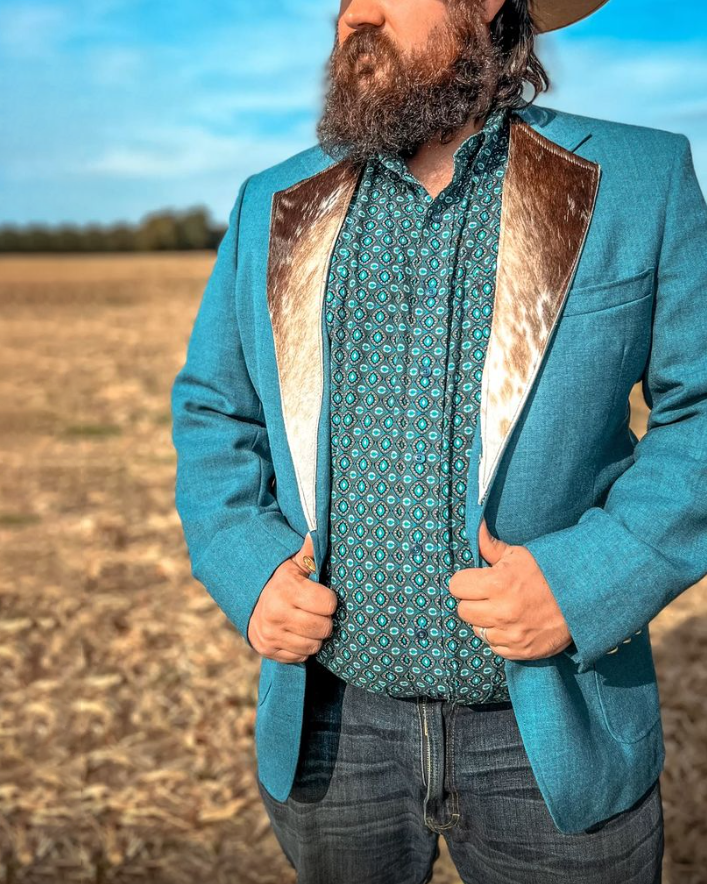 Men's Western Sky Blue Long Sleeve Jacket Blazer