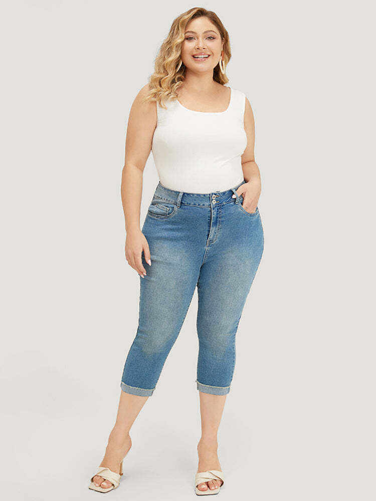 Very Stretchy High Rise Medium Wash Roll Hem Cropped Jeans
