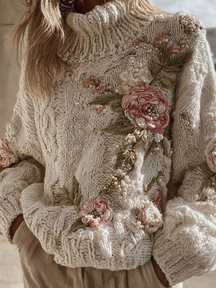 Women's Vintage Pink Rose Pattern Warm Knitted Turtleneck Sweater