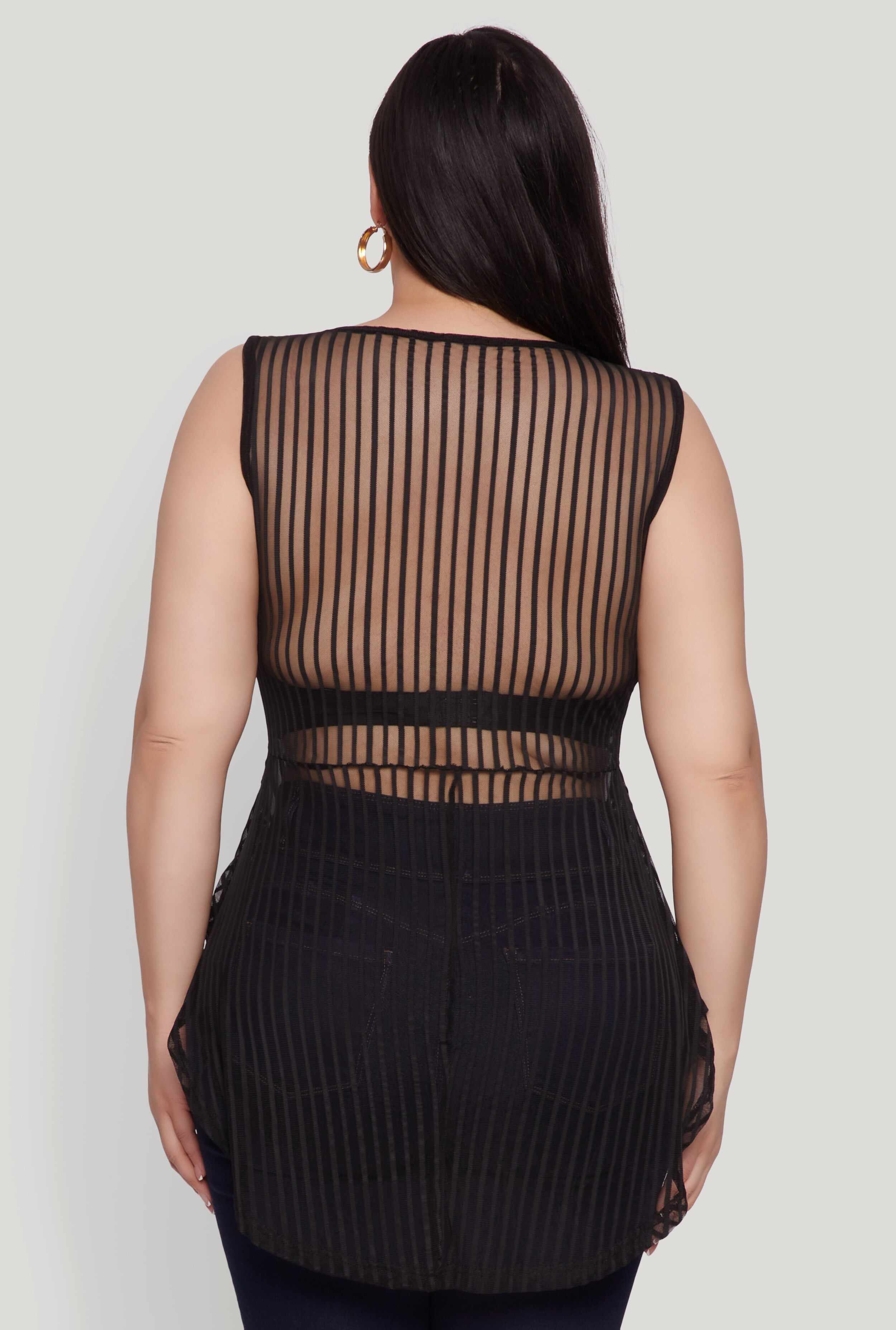 Plus Size Shadow Stripe Sleeveless Mesh Top