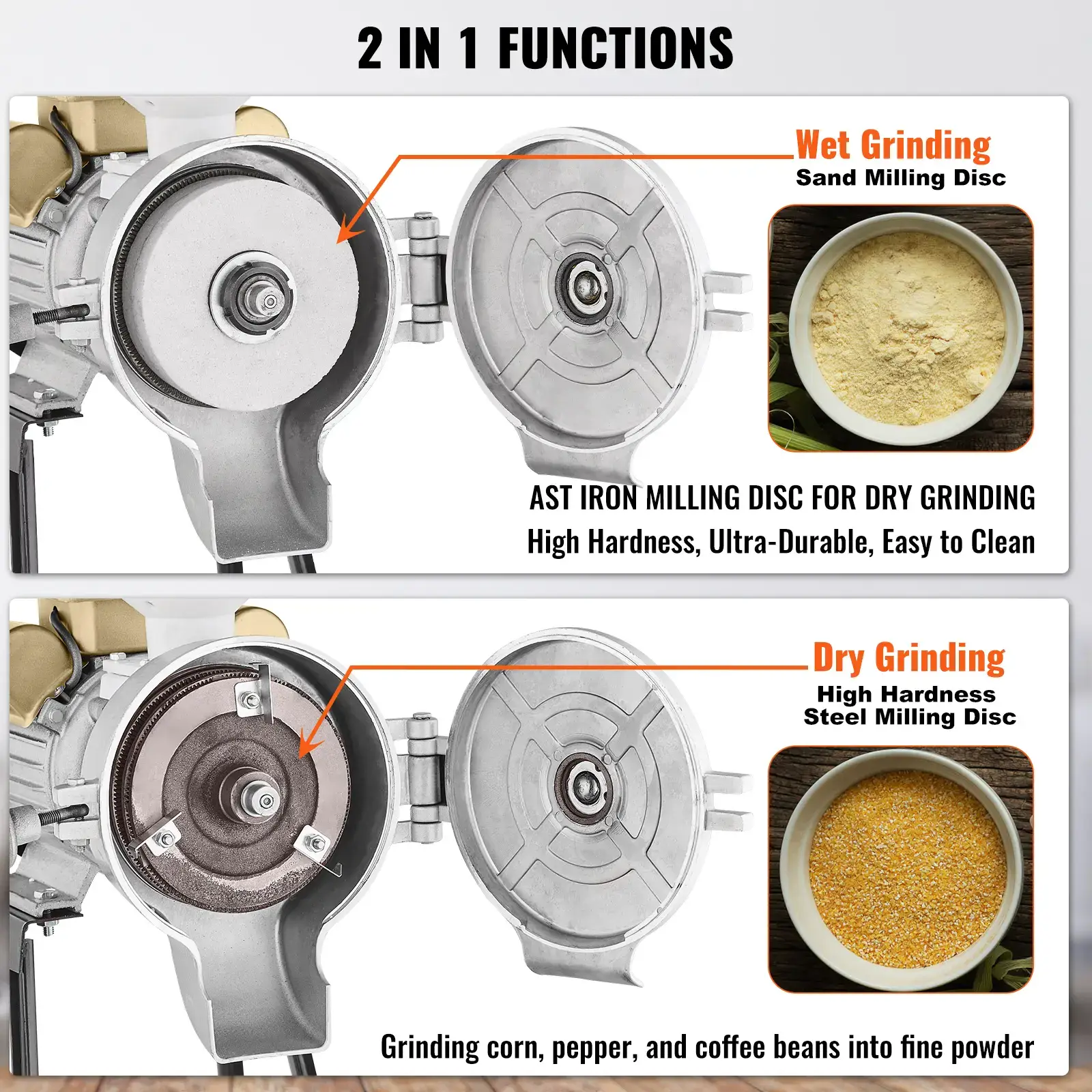 3000W High Power Commercial Grain Grinder, Heavy Duty Dry Wet Electric Mill, Adjustable Thickness Powder Machine for Wheat Corn Spice Cereal with Feeding Funnel