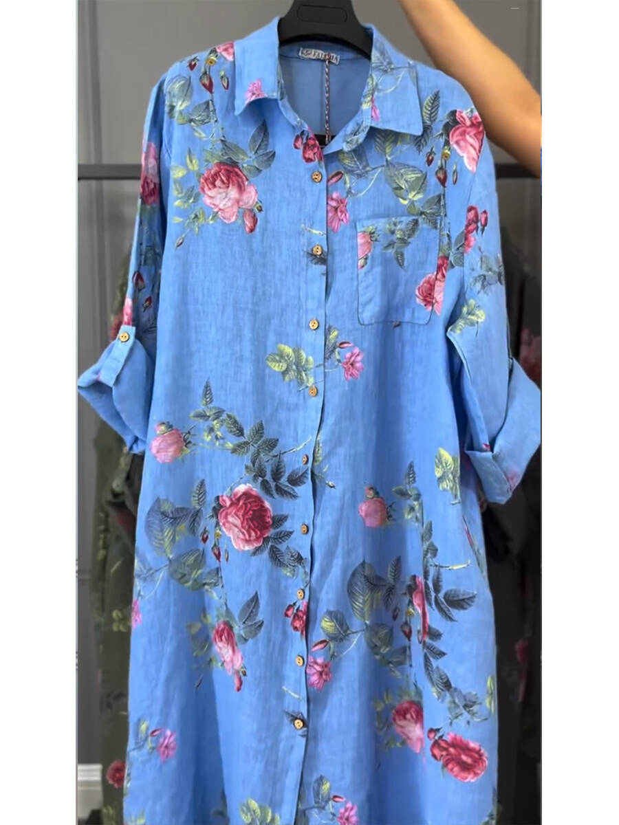 🔥Summer Arrivals🌟Women's Floral Print Cotton and Linen Shirt Dress