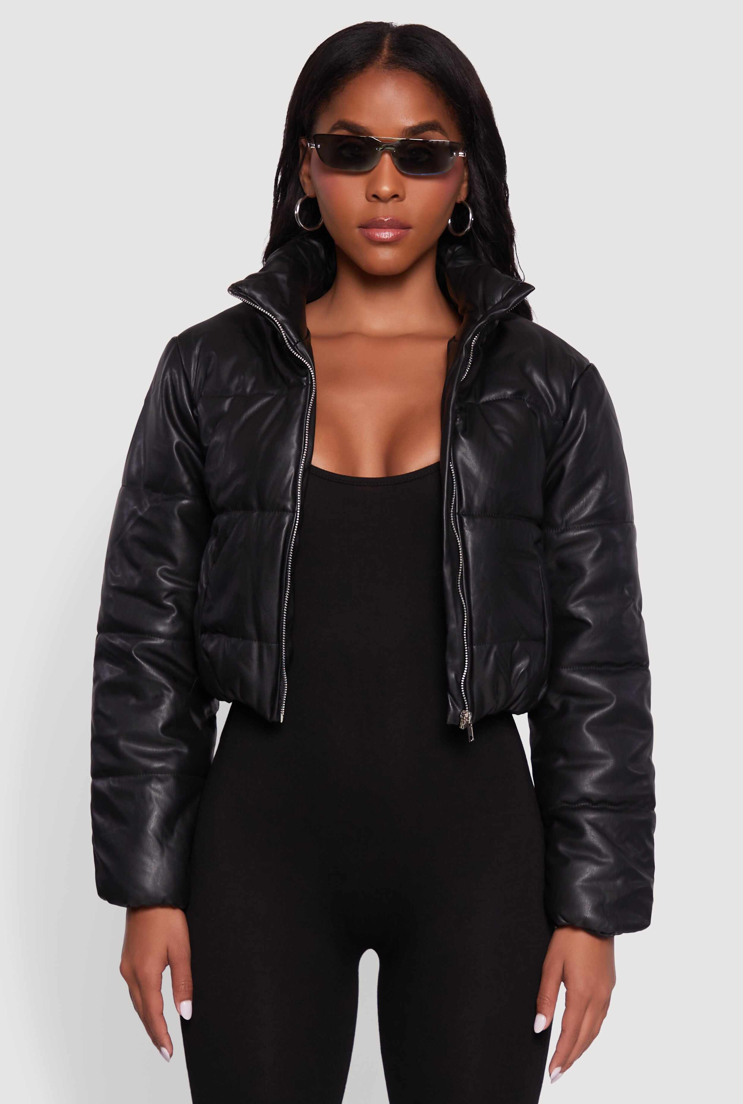 Cropped Faux Leather Puffer Jacket