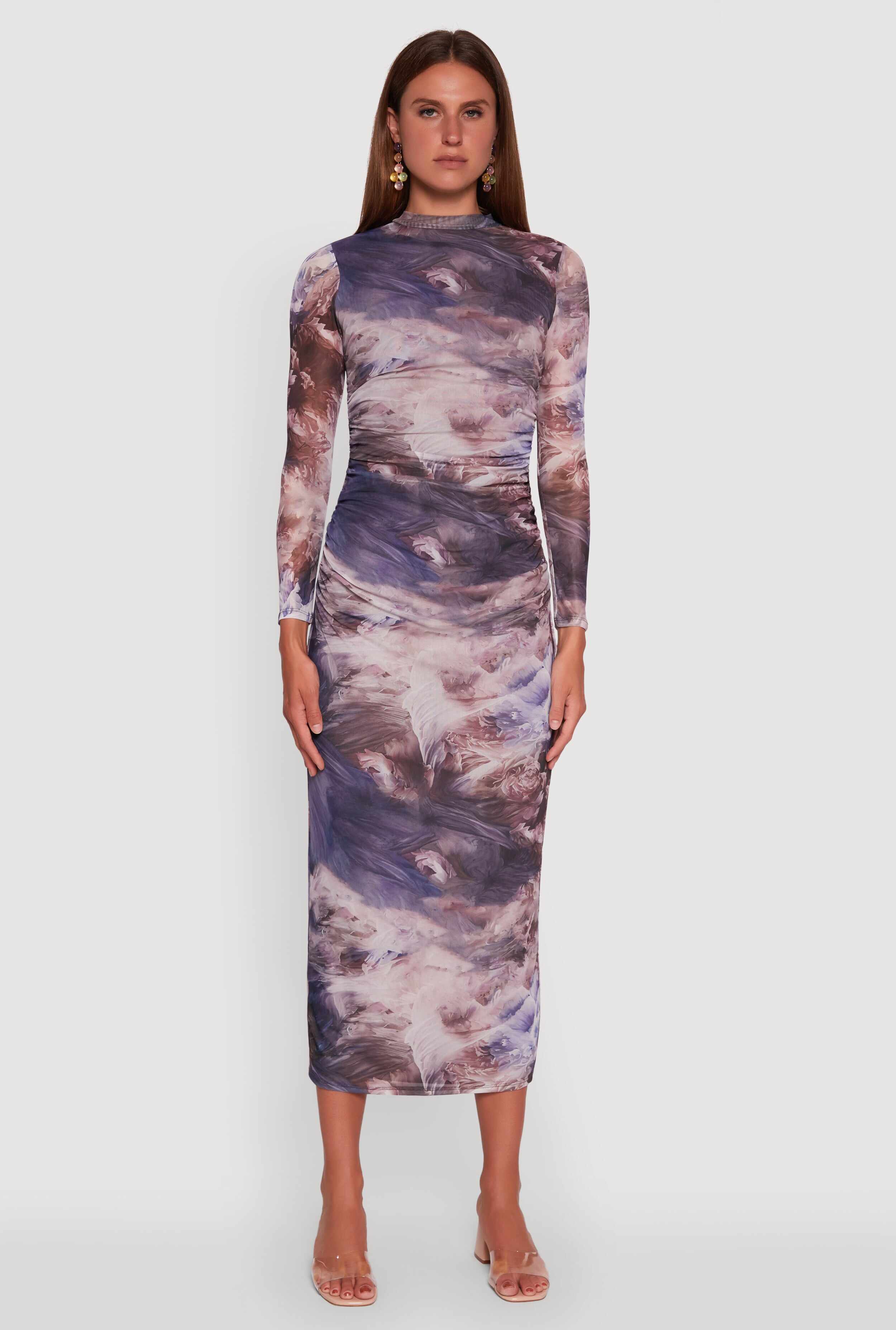 Printed Patterned Long Sleeve Side Ruched Mesh Midi Dress