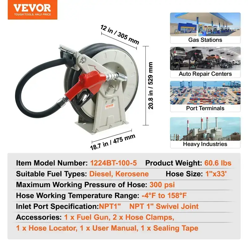 Fuel Hose Reel, Summervibes,Extra Long Retractable Diesel Hose Reel, Heavy-Duty Carbon Steel Construction with Automatic Fuel Nozzle, NBR Rubber Hose for Aircraft Ship Vehicle Tank Truck, 300PSI