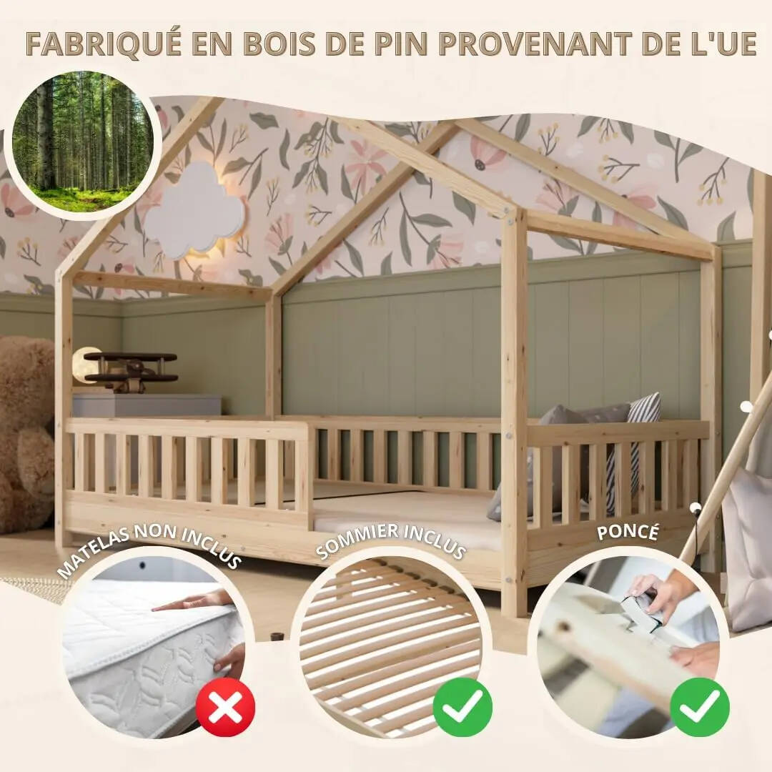Clearance Sale Crazy Pine Cabin Bed 160x80 cm – Natural Wood Children's Bed with Barrier – Montessori Floor Bed with Height-Adjustable Legs and Removable Barrier - Crazy House