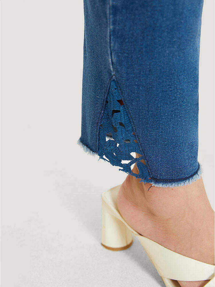Very Stretchy High Rise Medium Wash Lace Insert Raw Hem Jeans