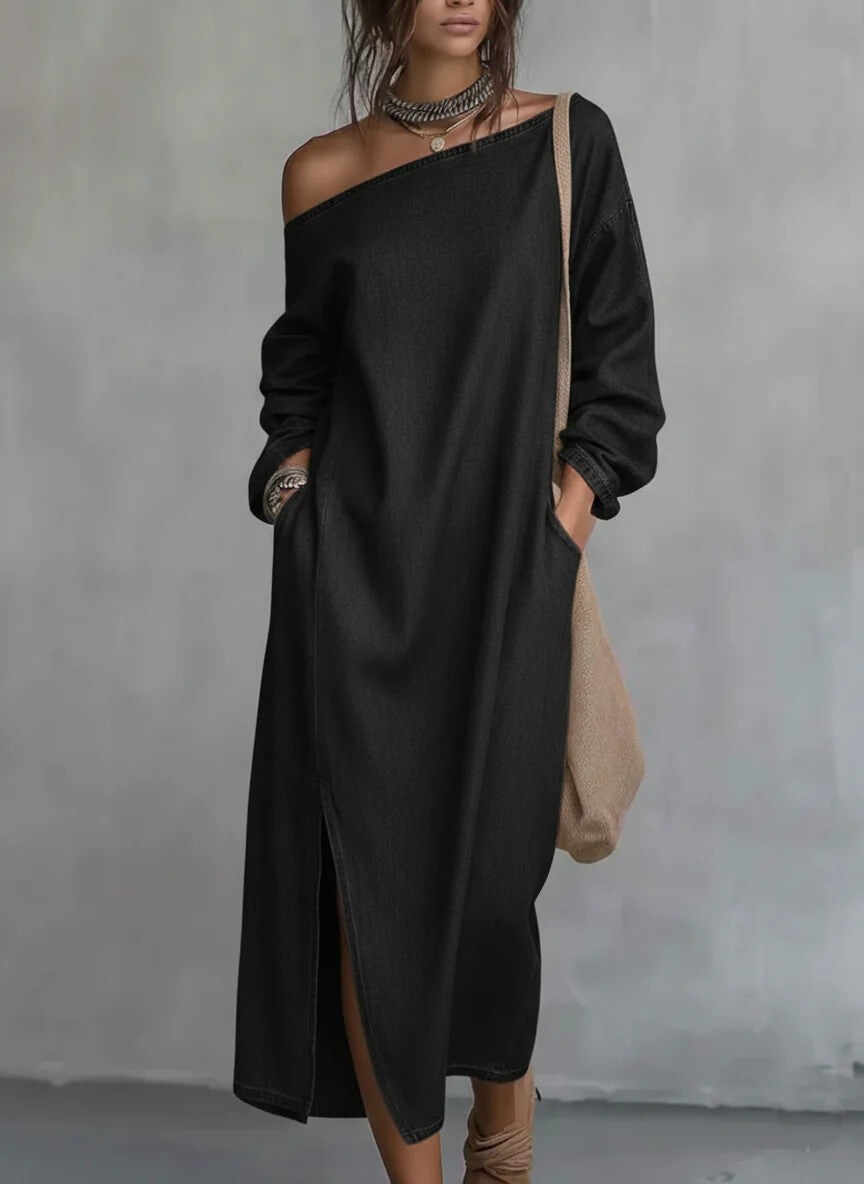 Loose-fitting One Shoulder Split Hem Cotton Linen Midi Dress