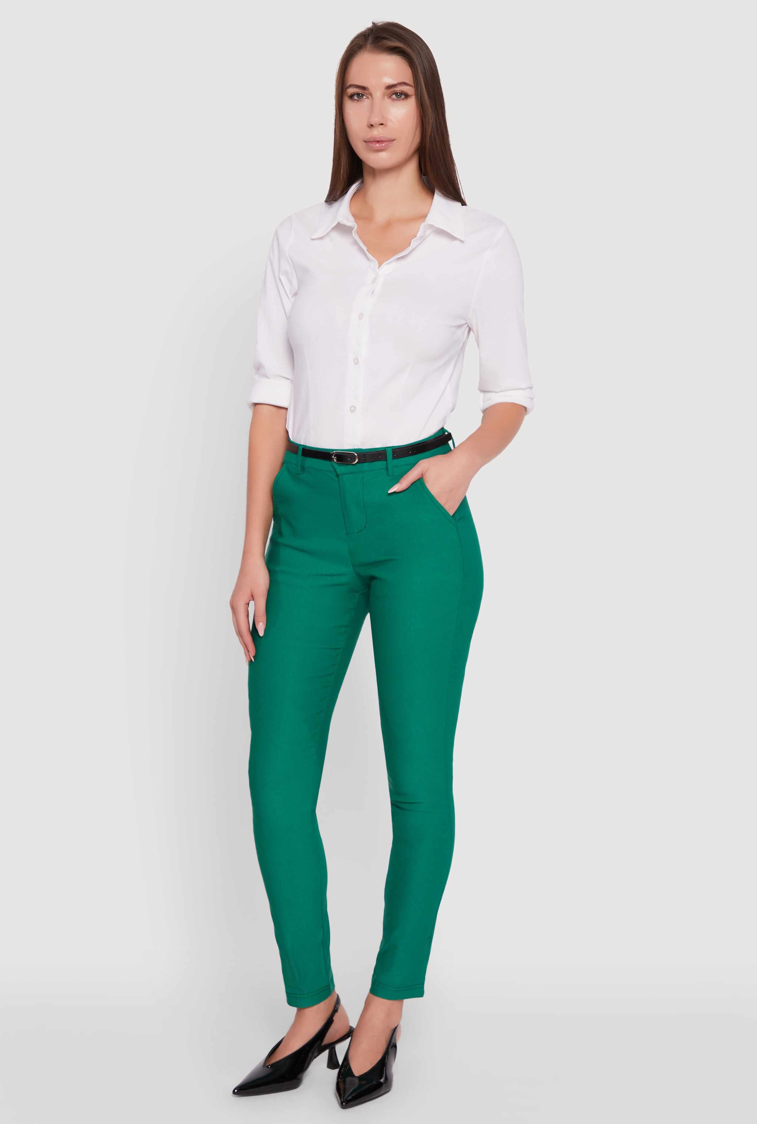 Skinny Leg Solid Pants with Belt