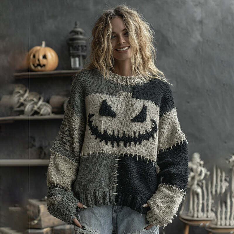Halloween Pumpkin Face Patchwork Art Cozy Knit Sweater