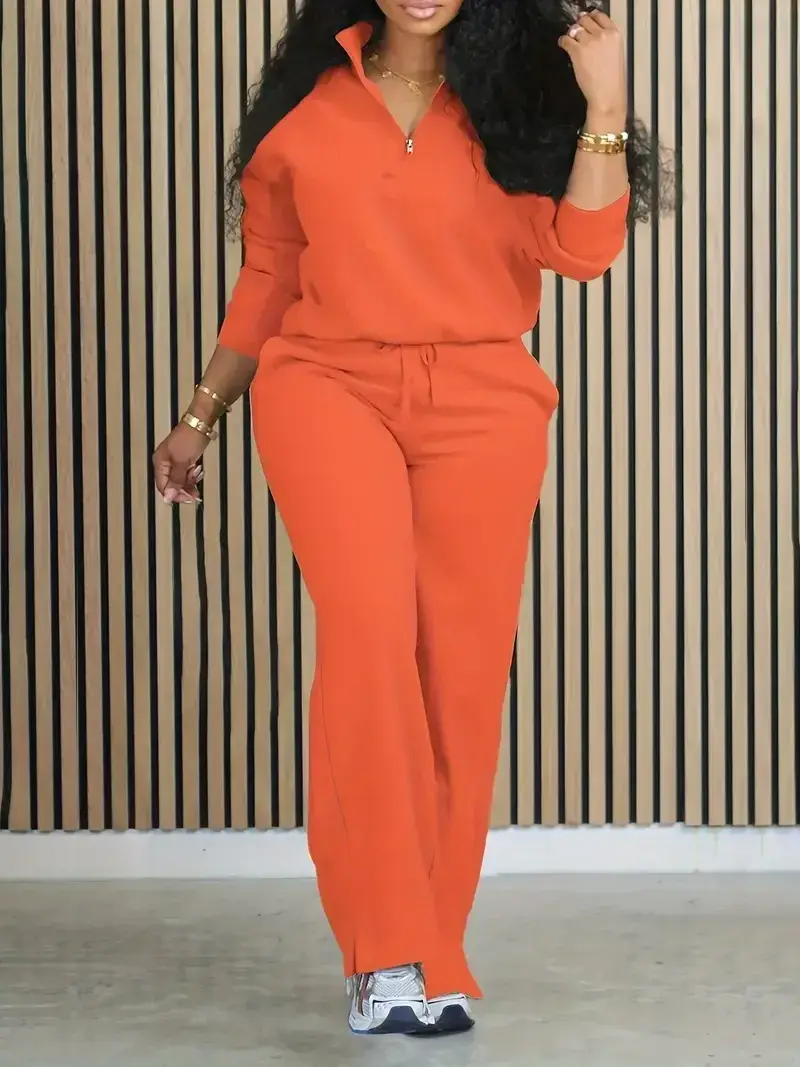 Women's Solid Half Placket Split Hem Pants Set