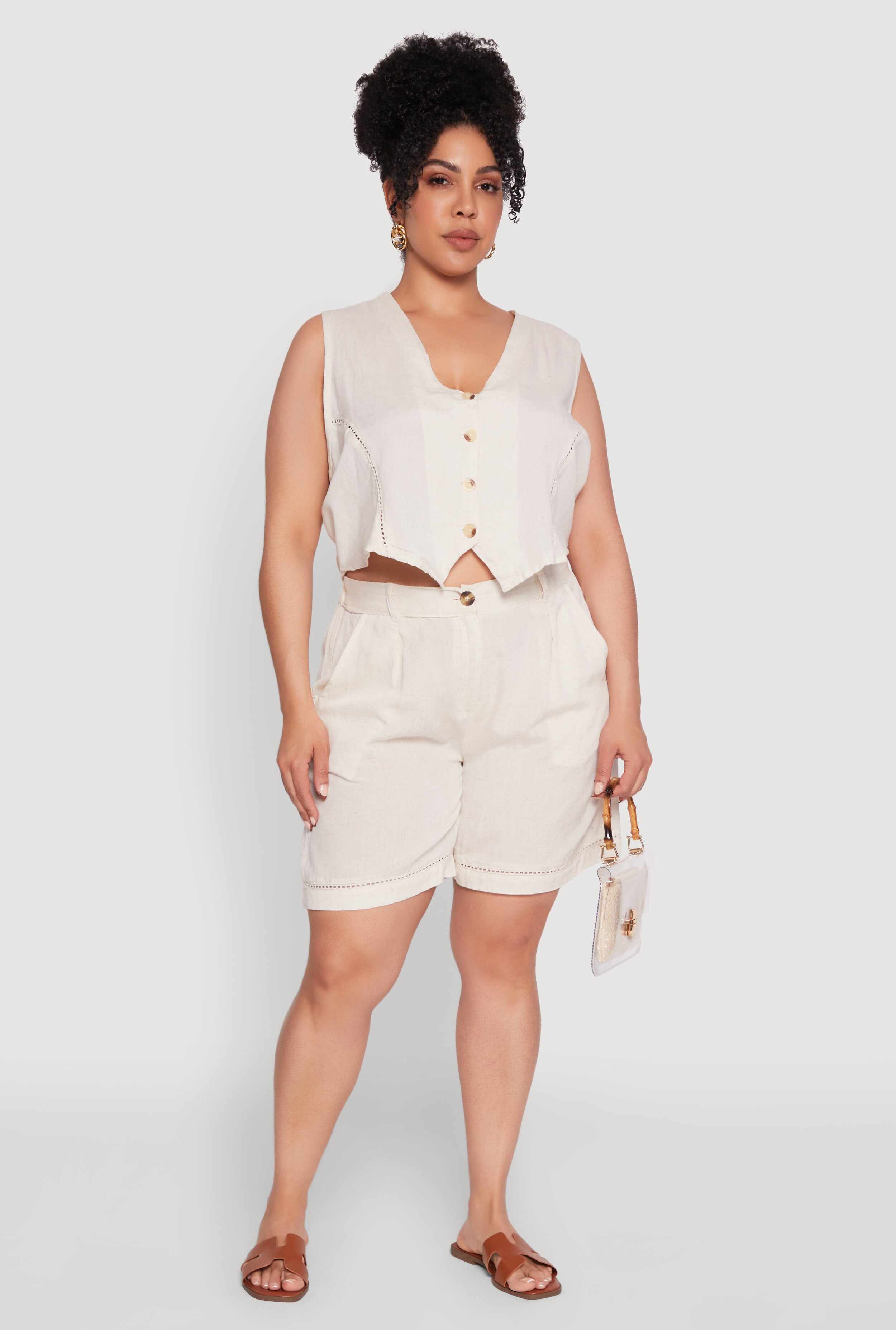 Plus Size Trendy Linen Crochet Detail Cropped Vest
