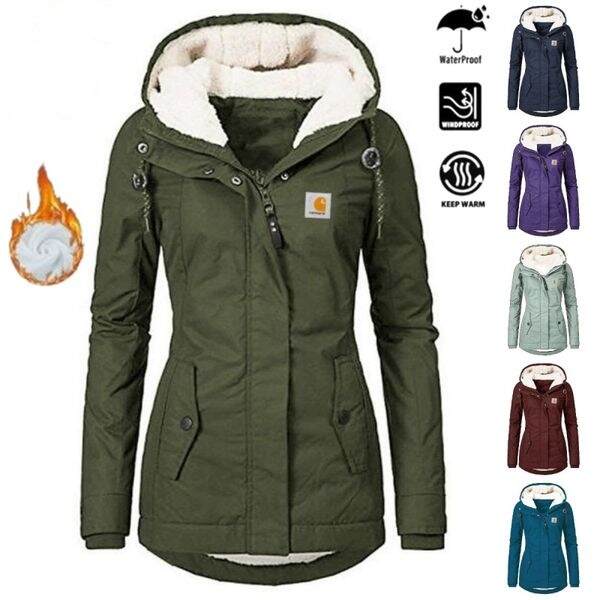 Navy Blue Women's Thermal Hooded Parka - Fleece-Lined, Waterproof, Slim Fit