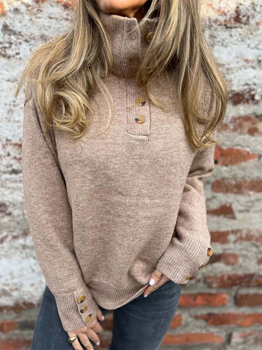 Women's Stand-up Collar Knit Solid Color Button Casual Loose Sweater