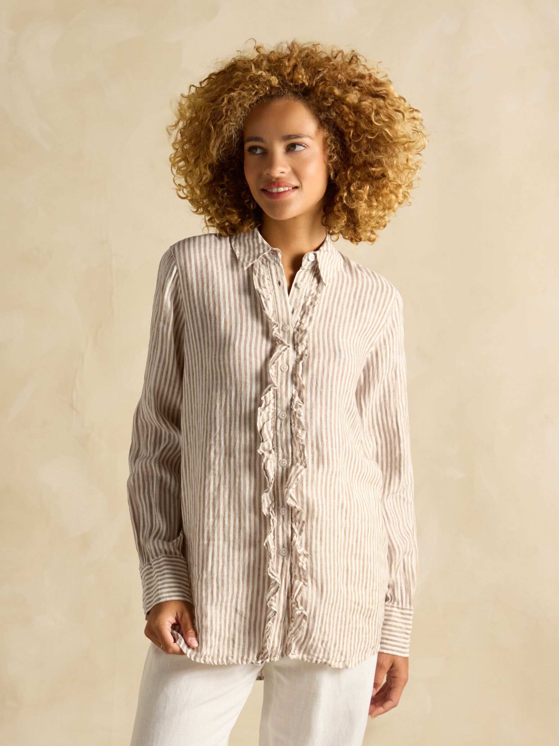 Selene Light Brown Stripe 100% Linen Shirt
