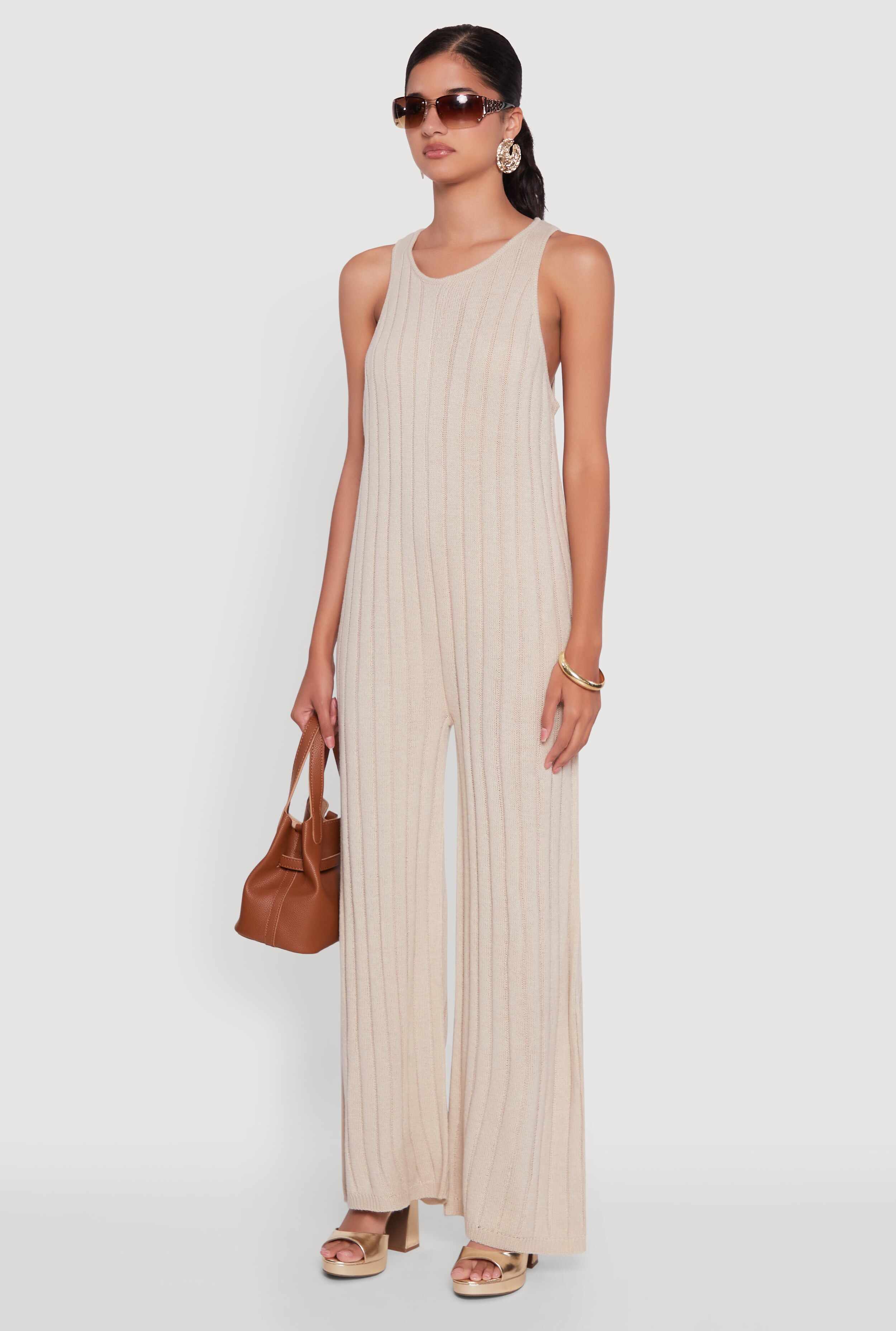 Button Back Keyhole Ribbed Knit Jumpsuit