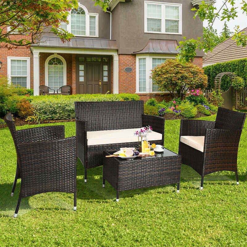 4 Pcs Outdoor Rattan Patio Conversation Set Wicker Furniture Set with Coffee Table and Cushioned Sofas