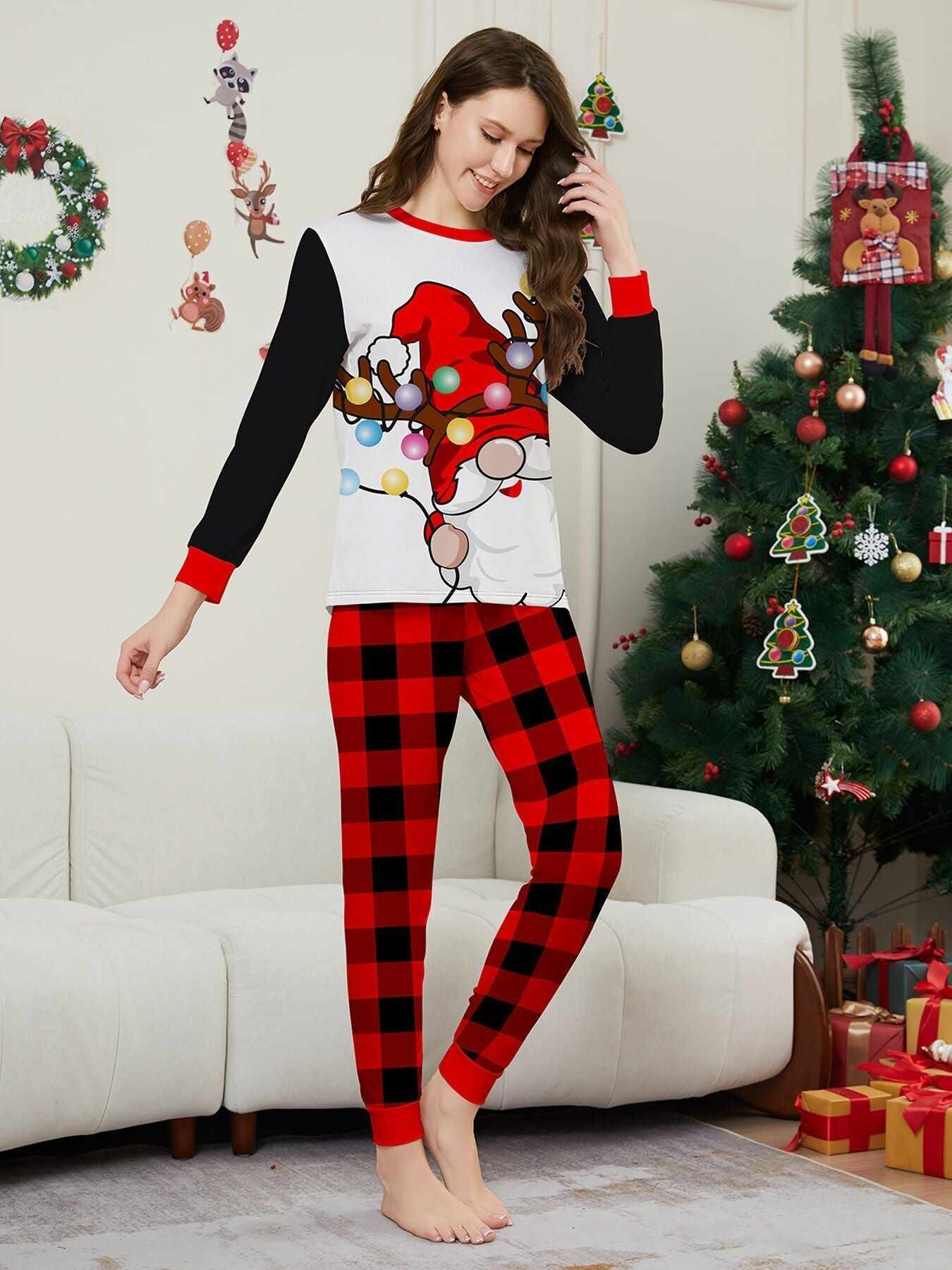 Colorful Lights White Bearded Santa Family Pajama Set