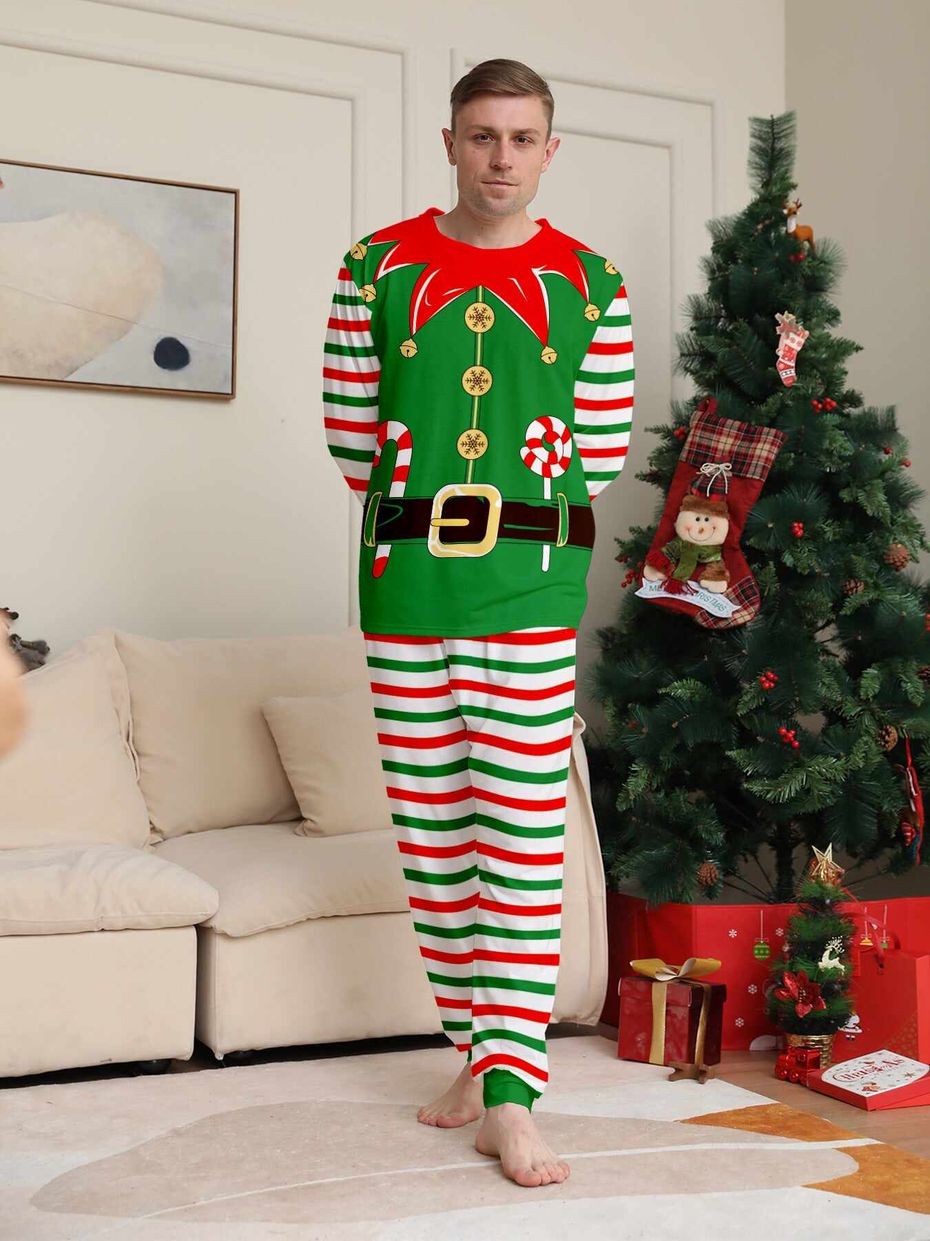 2024 3D Print Christmas Family Pajamas Red Green Striped Crutch Xmas Pajamas