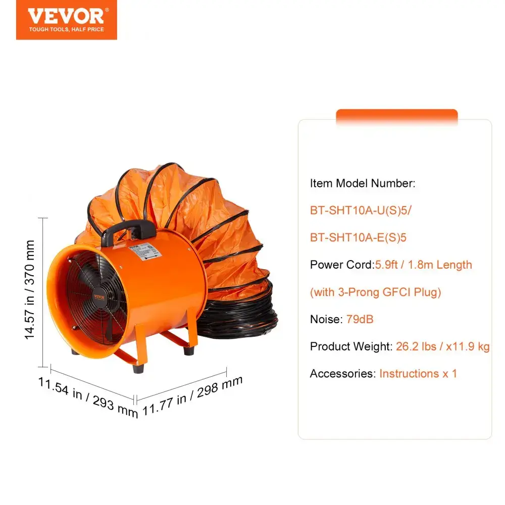Portable Industrial Drum Fan10 in Heavy-Duty Cylinder Blower with 33ft Duct Hose380W 1893FM Ventilation Fan BoosterShop Exhaust Utility Tool for Dust & Smoke Removal (Home/Workplace)