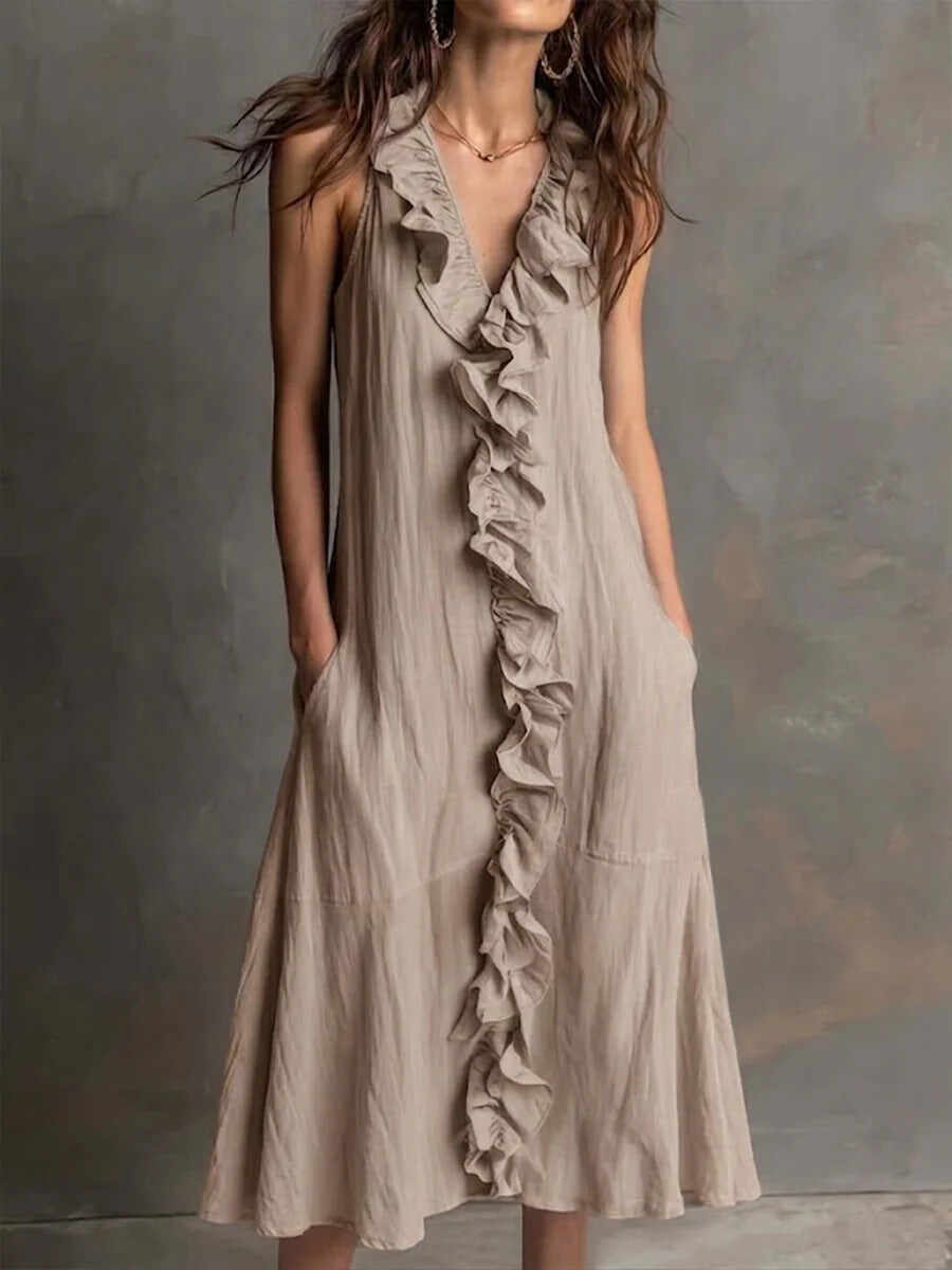🌿 Ruffle V-Neck Sleeveless Midi Dress