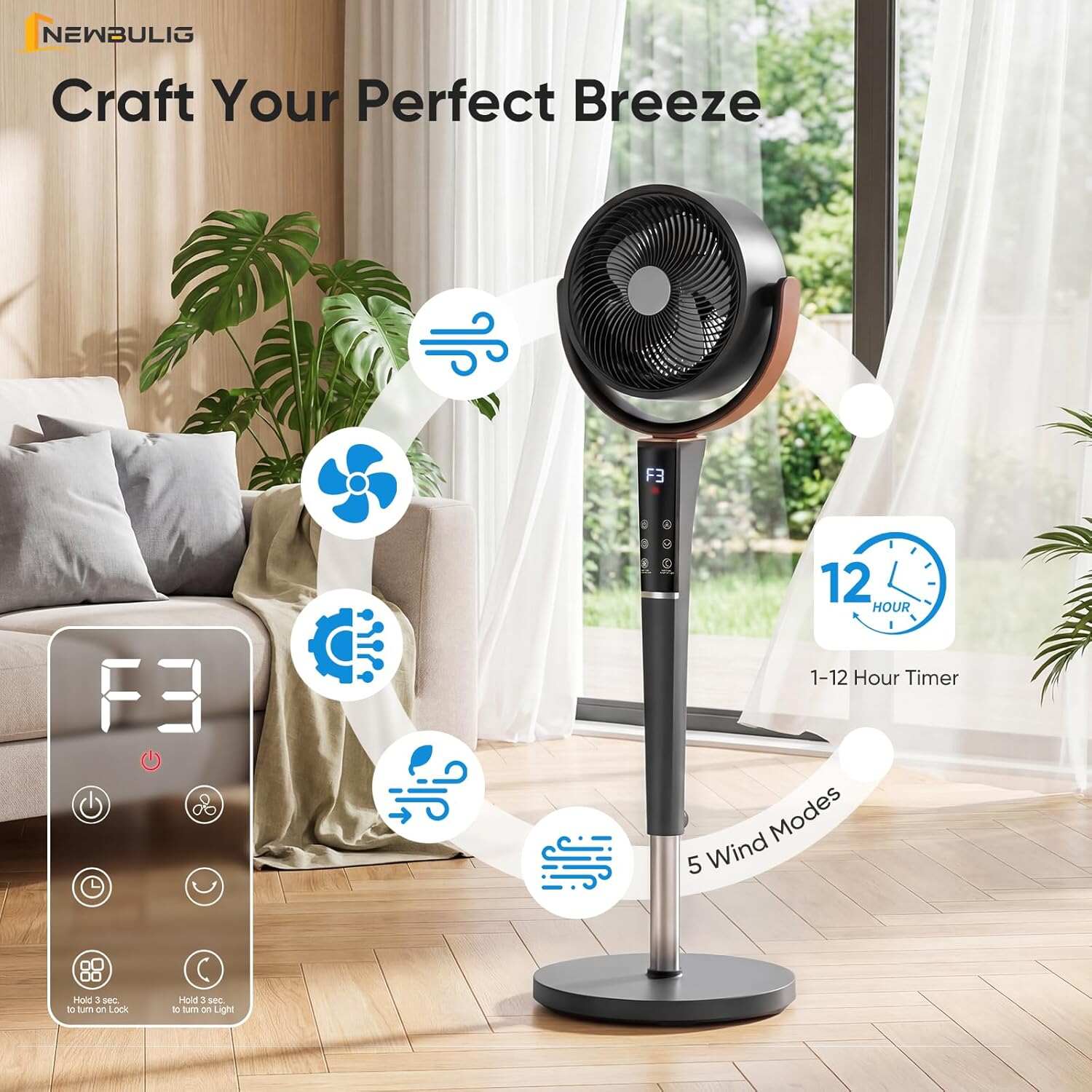 Pedestal Fan for Bedroom, 1050CFM Standing Fans with DC Motor, 15 Speeds & 5 Modes, Pedestal Air Circulator 120° Omni Oscillation Digital Display & Remote, 12H Timer, 37-45