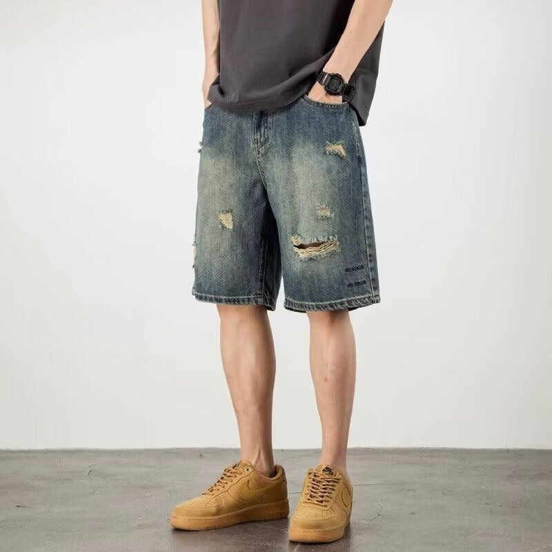 Retro Loose Hole Denim Men's Shorts