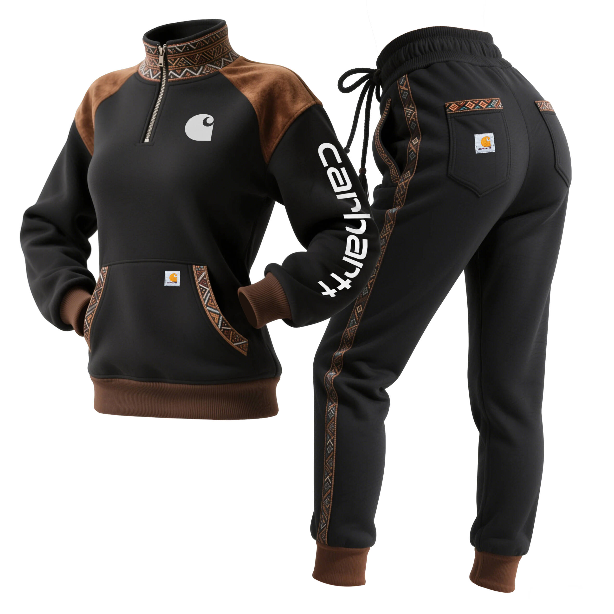 Women's Retro Ethnic Style Half-Zip Stand Collar Sweatshirt And Trousers Set