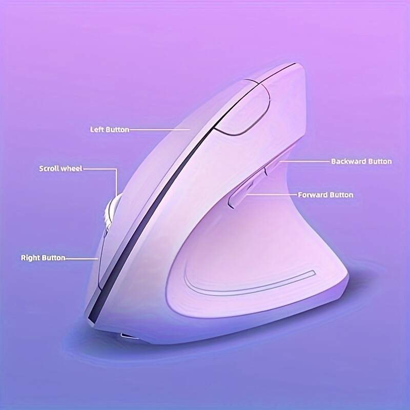 Ergonomic Wireless Mouse, Purple Rechargeable Vertical Mouse With USB Receiver, 6 Buttons For Laptops (Purple, Right Handed)