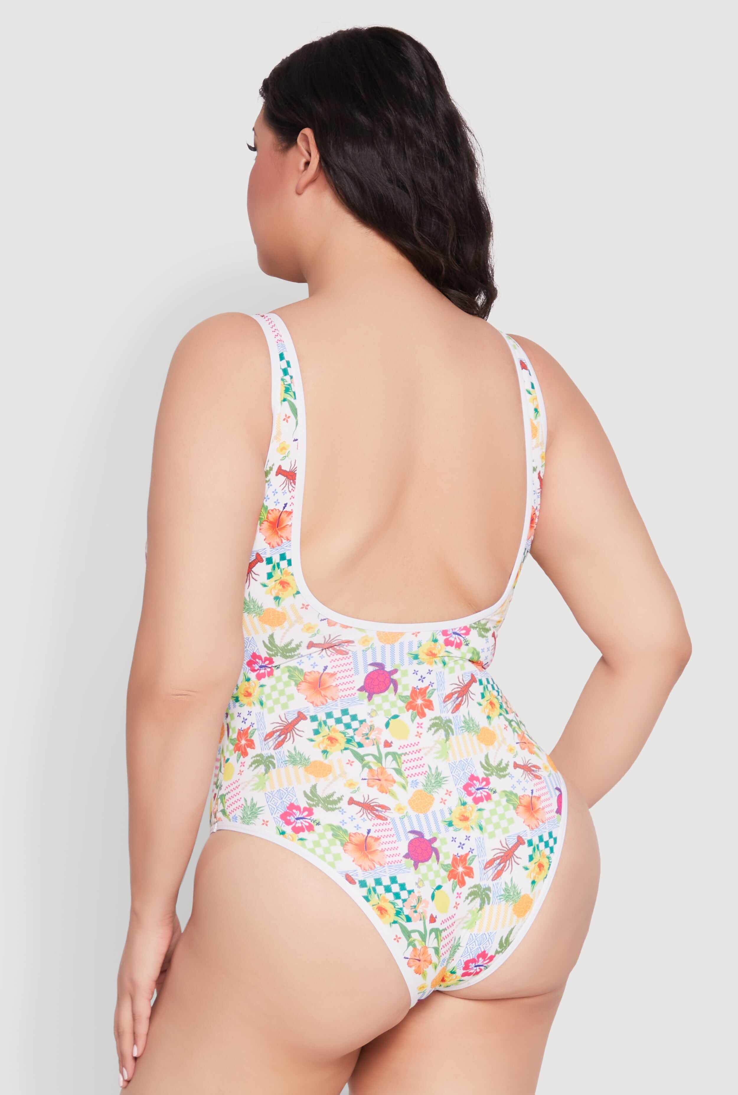 Plus Size Turtle Tropical Floral Print One Piece Swimsuit