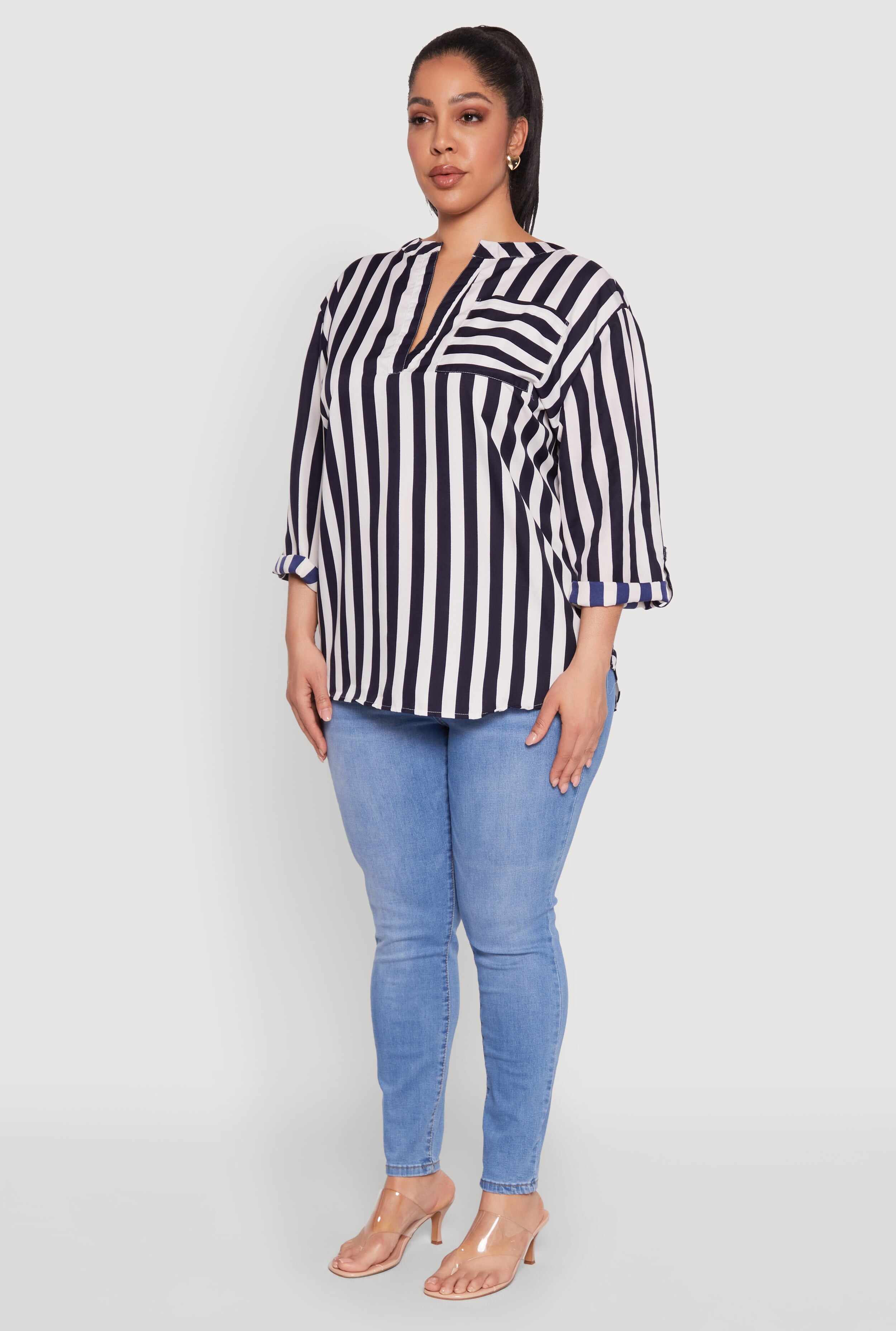 Plus Size Striped Notch Neck Blouse