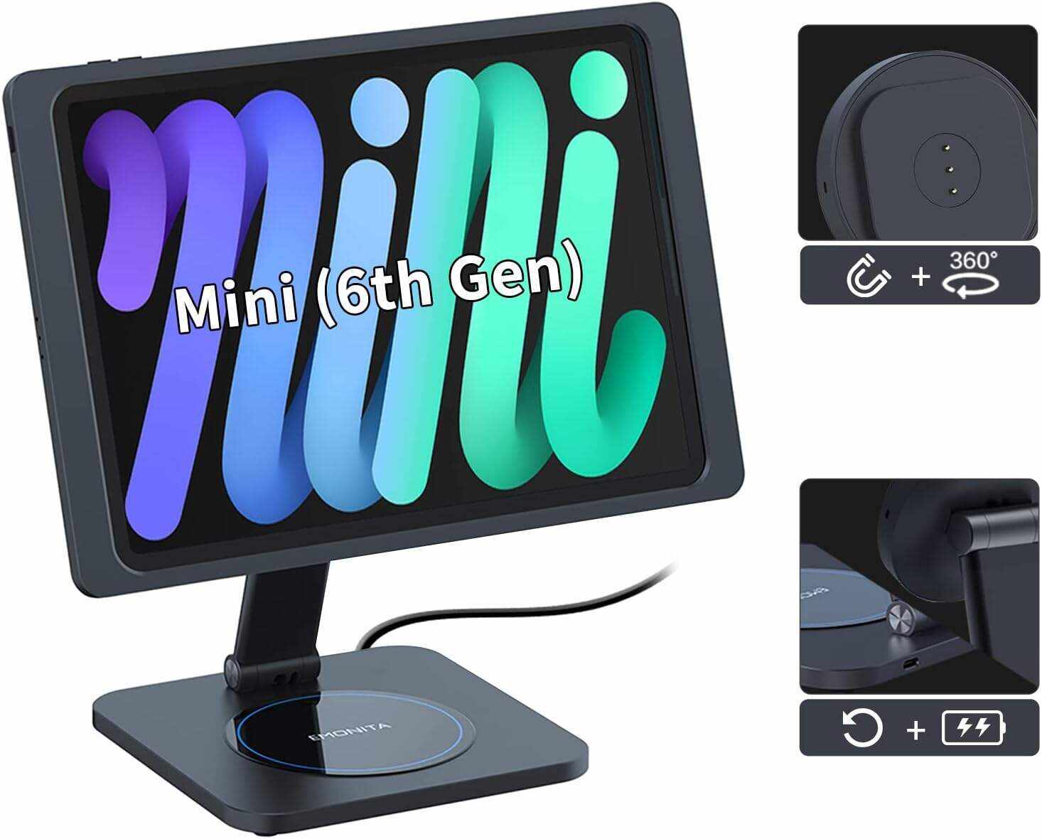 EMONITA Magnetic Stand with Charging Case for 10.2 Inch 7th / 8th / 9th Gen (2021/2020/2019). 18W USB C Fast Charging Cable Included, Foldable L Shape, Strong Magnets, 360 Rotation, 180 Tilt