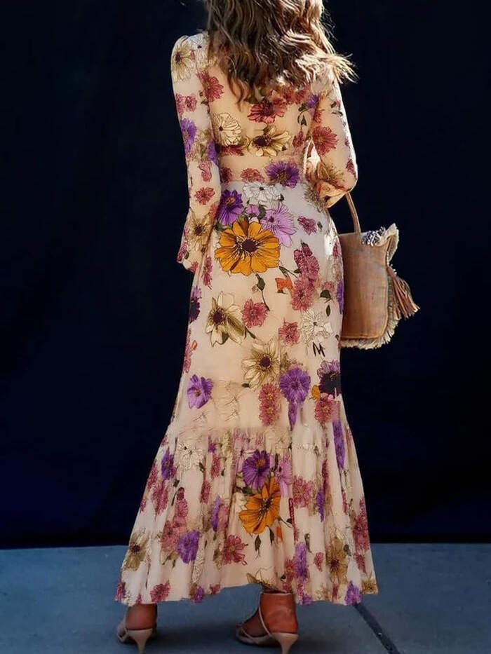 Ruffled Floral-Print Tight-Waist Dress