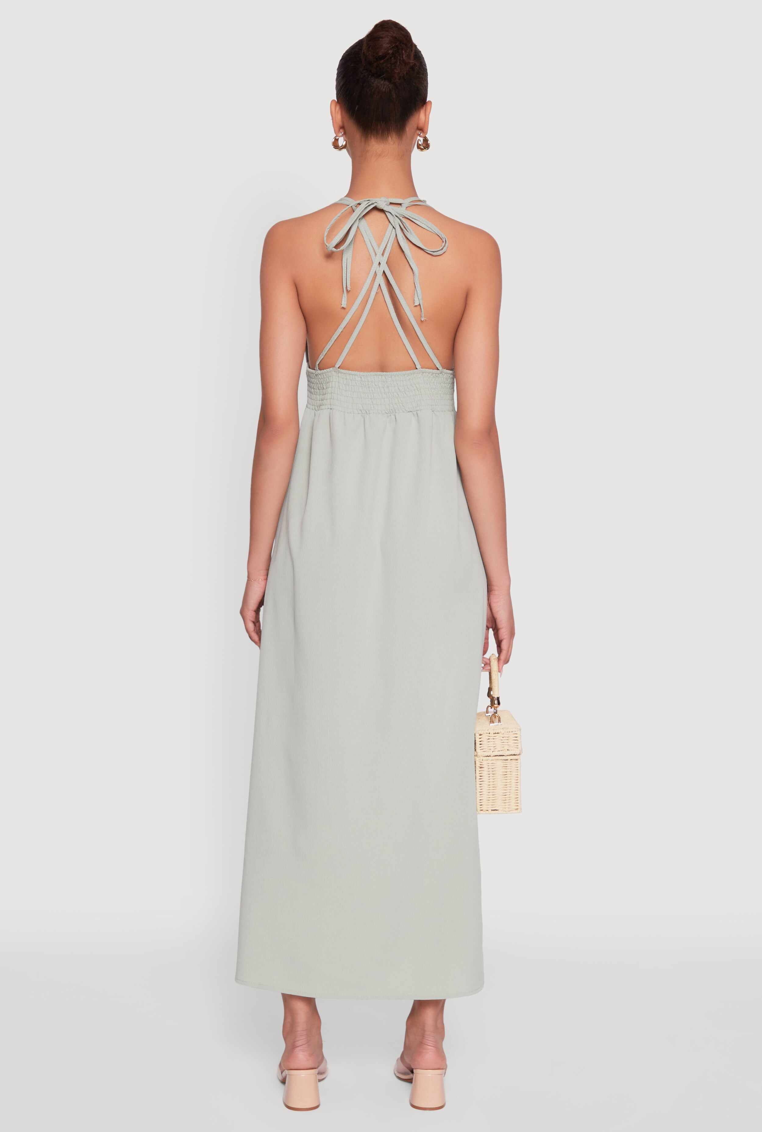 Trendy Plunge Halter Tie Maxi Dress with Criss Cross Back Straps