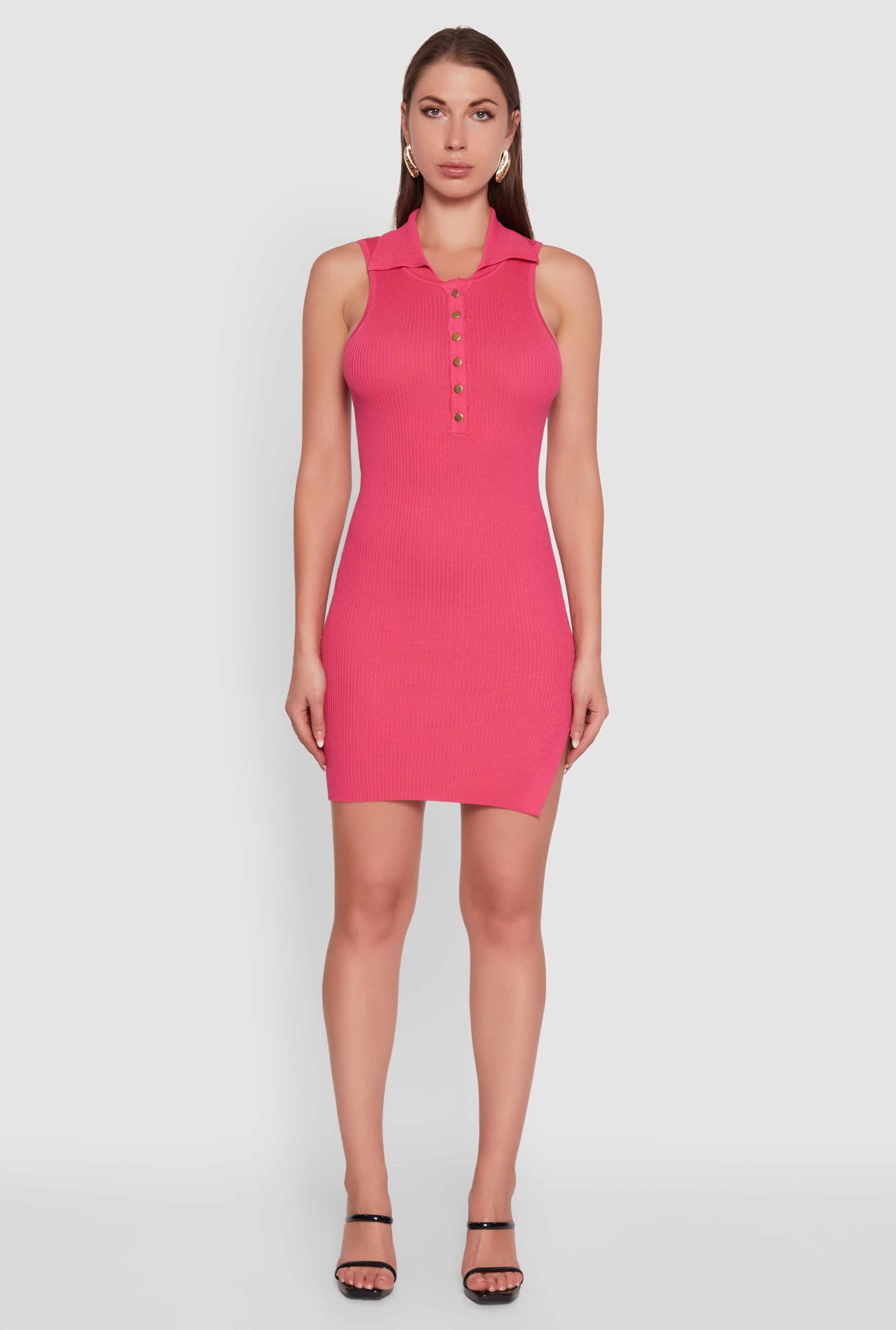 Trendy Ribbed Knit Sleeveless Collared Bodycon Dress