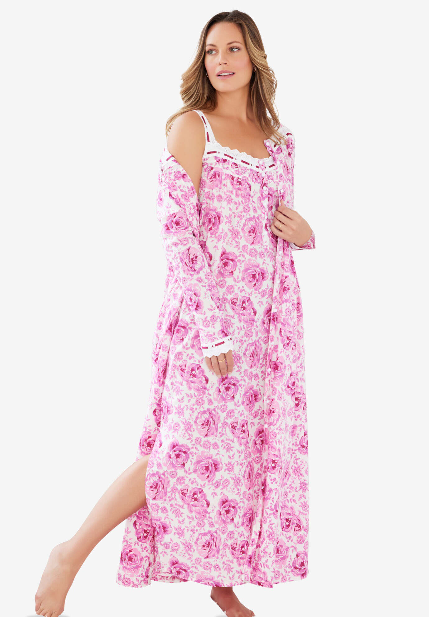 Long 2-Piece Cabbage-Rose Peignoir Set