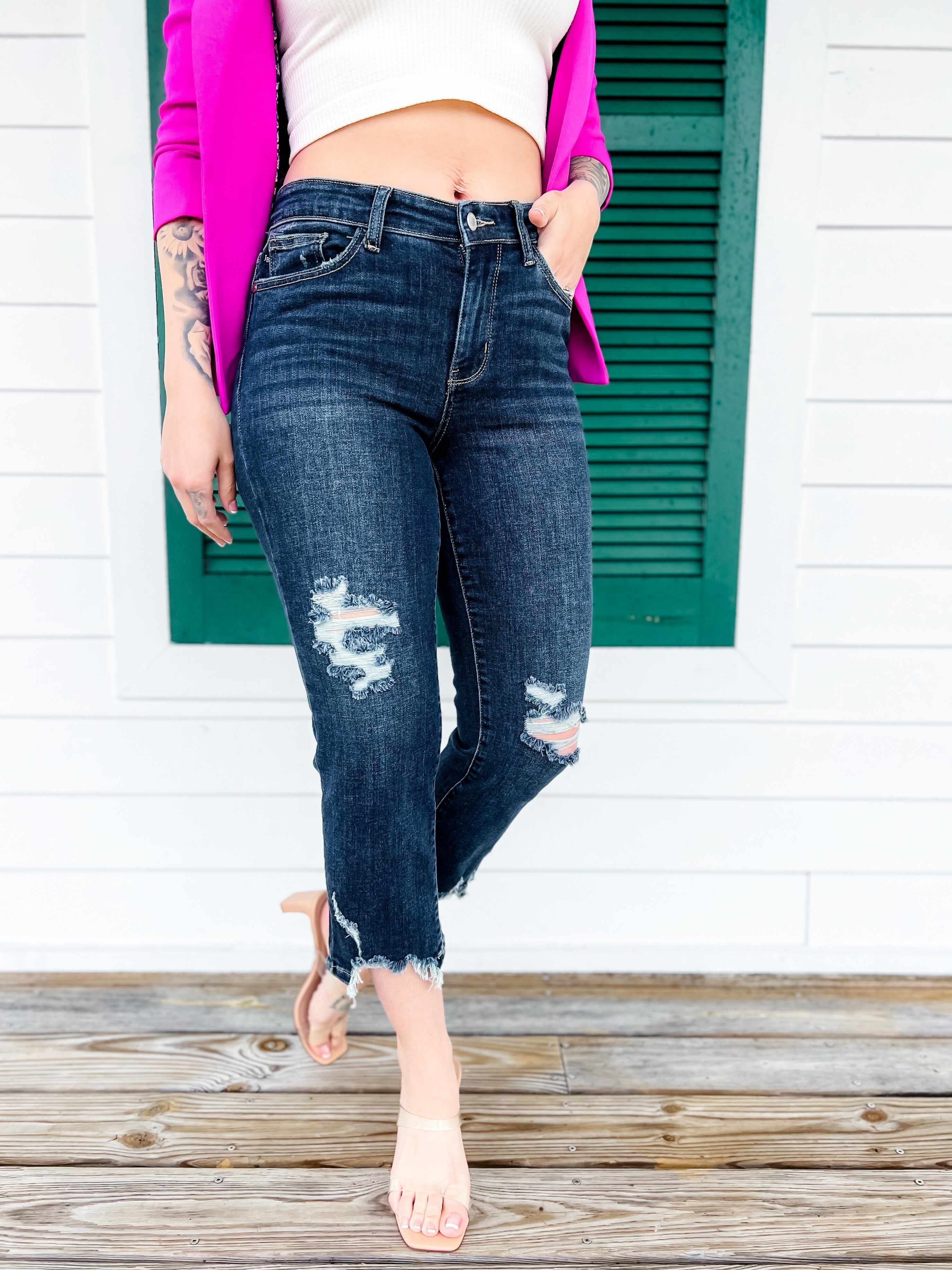 🔥Hot Sales🔥 After Hours Dark Wash Destroyed Hem Cropped Straight Leg Jeans