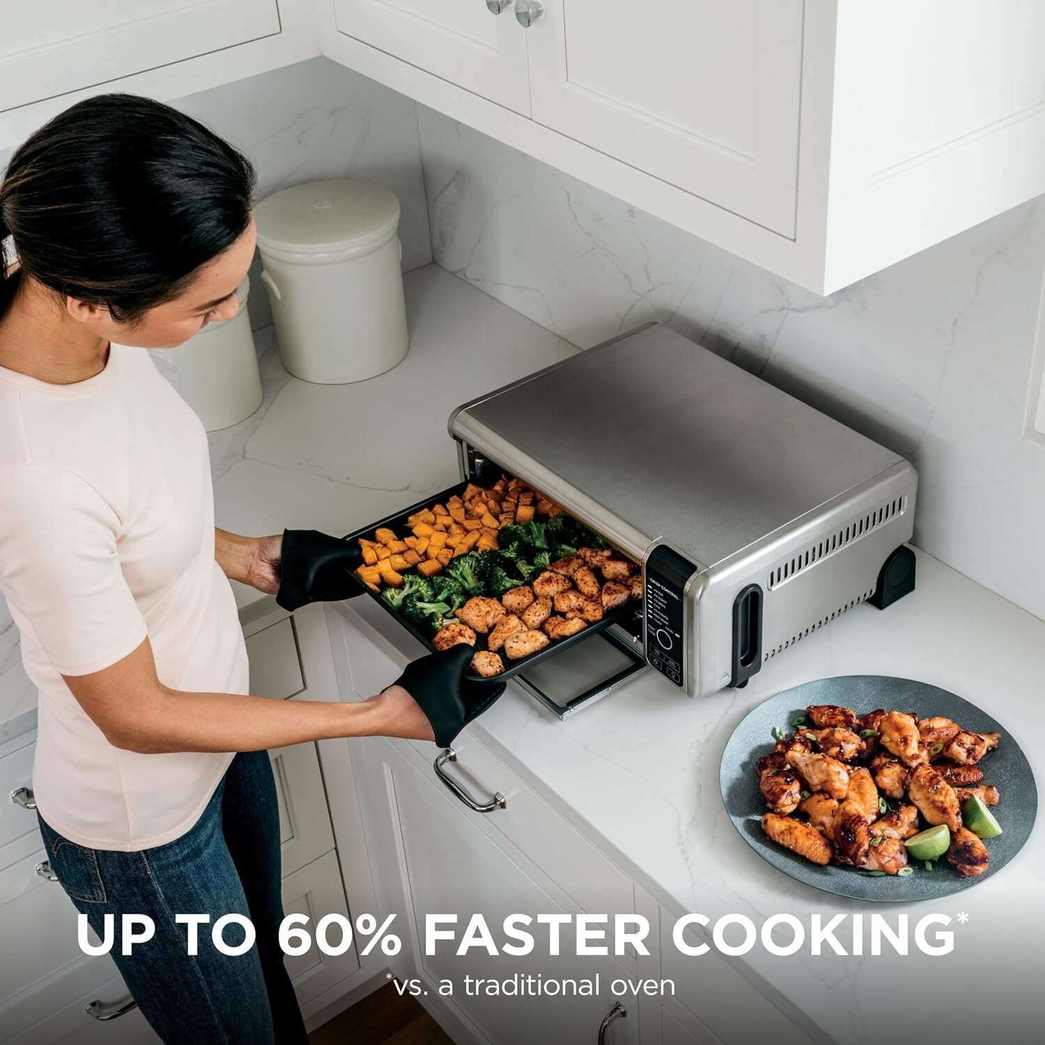 Air Fryer Toaster Oven Combo | 8-in-1 Functionality | Flip Up & Away for Storage Space | Air Fry Basket, Sheet Pan, Wire Rack & Removable Crumb Tray |1800 Watt | Stainless Steel | SP151