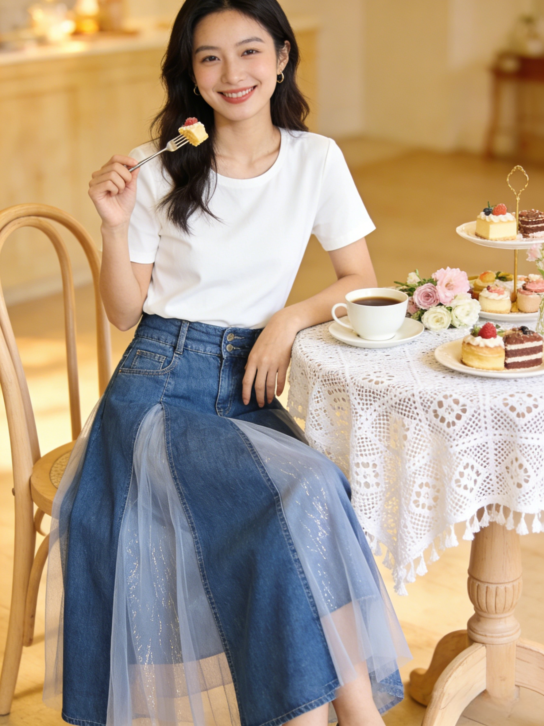 Chic Blue High Waist Tulle Patchwork Denim A Line Skirt