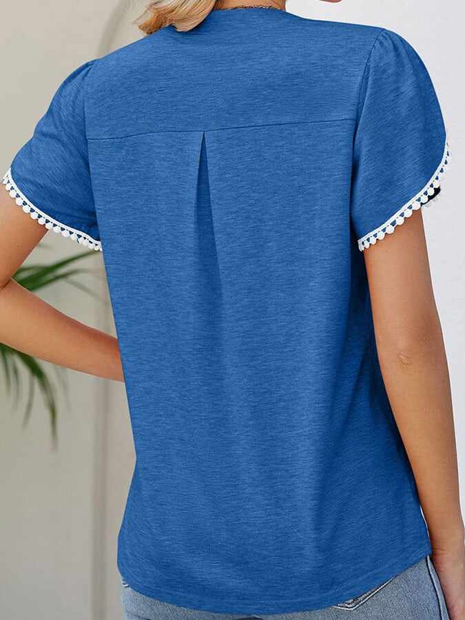 Solid V-neck Lace Short Sleeve Casual Top