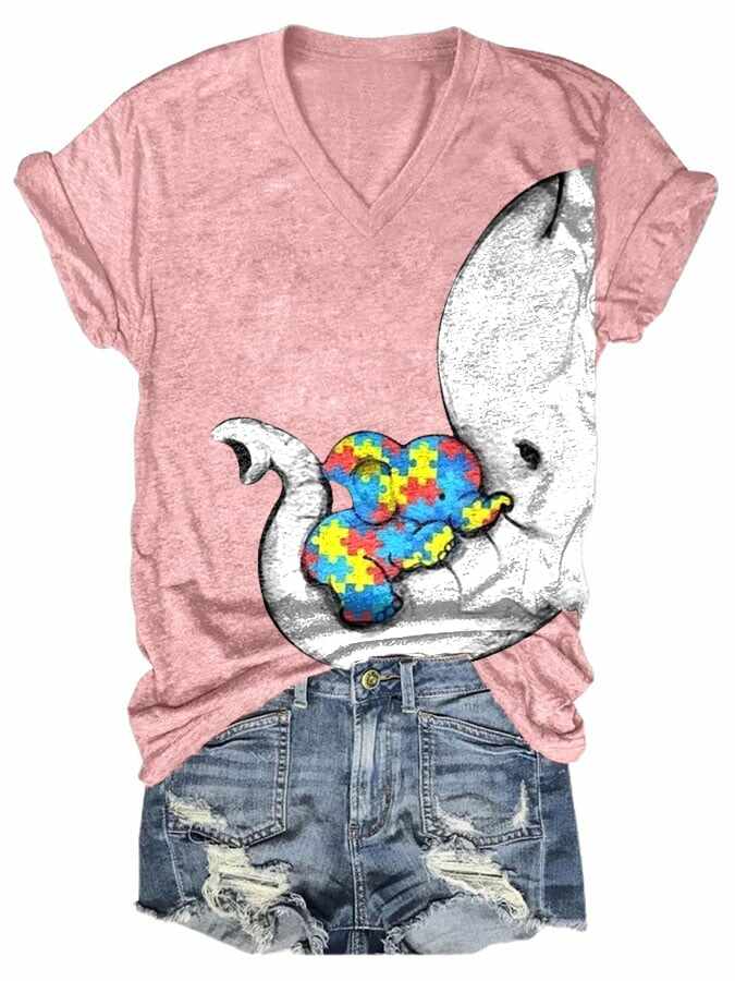 Women'S Autism Elephant And Baby Elephant Print T-Shirt