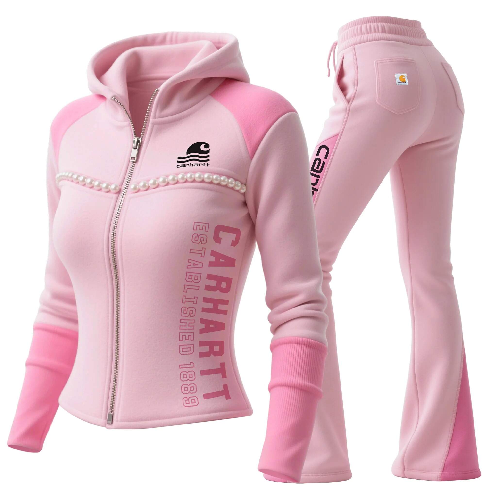Pink Fleece Women's Hoodie & Sweatpants Set with Pearl Trim and Full Zip Design