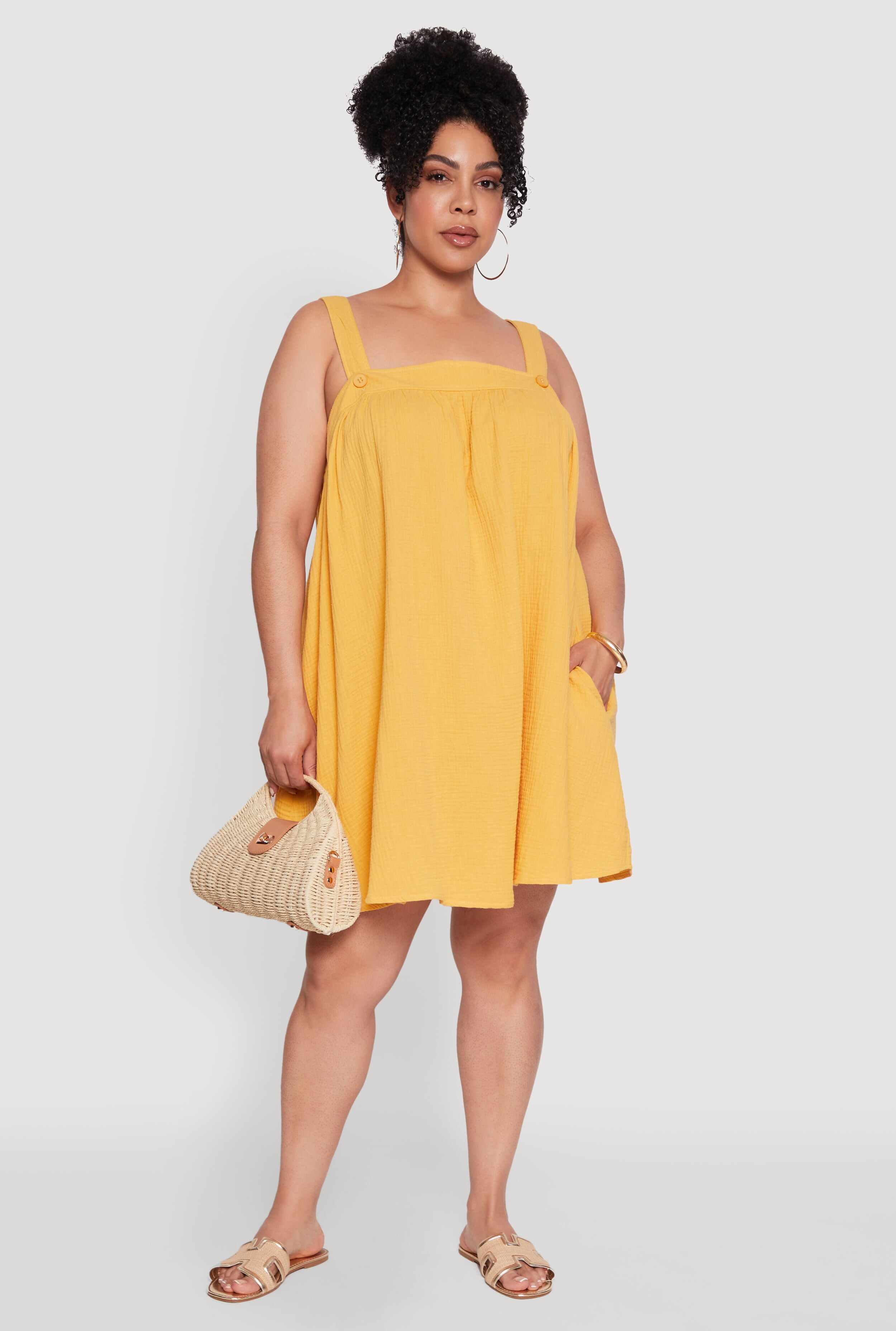Plus Size Gauze Knit Square Neck Babydoll Dress with V Back