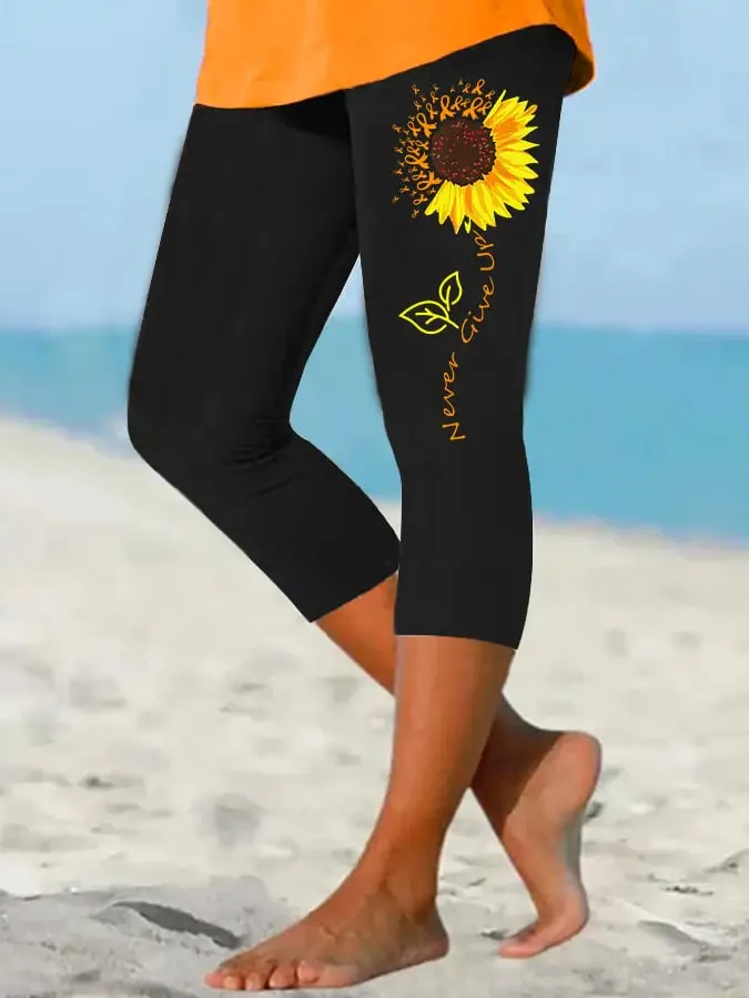Women's Sunflower Never Give Up Multiple Sclerosis Awareness Printed Cropped Yoga Leggings