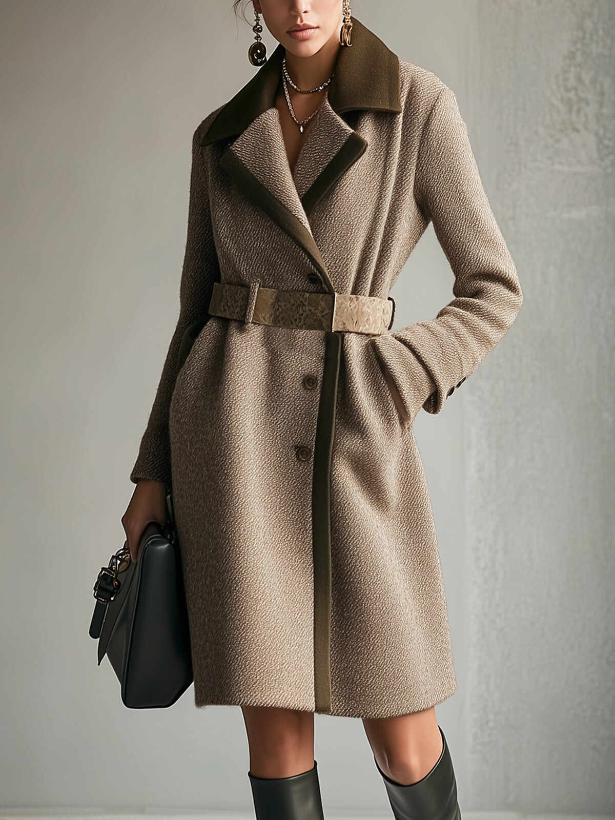 Camel Blend Jacket With Army Green Trim And Belt