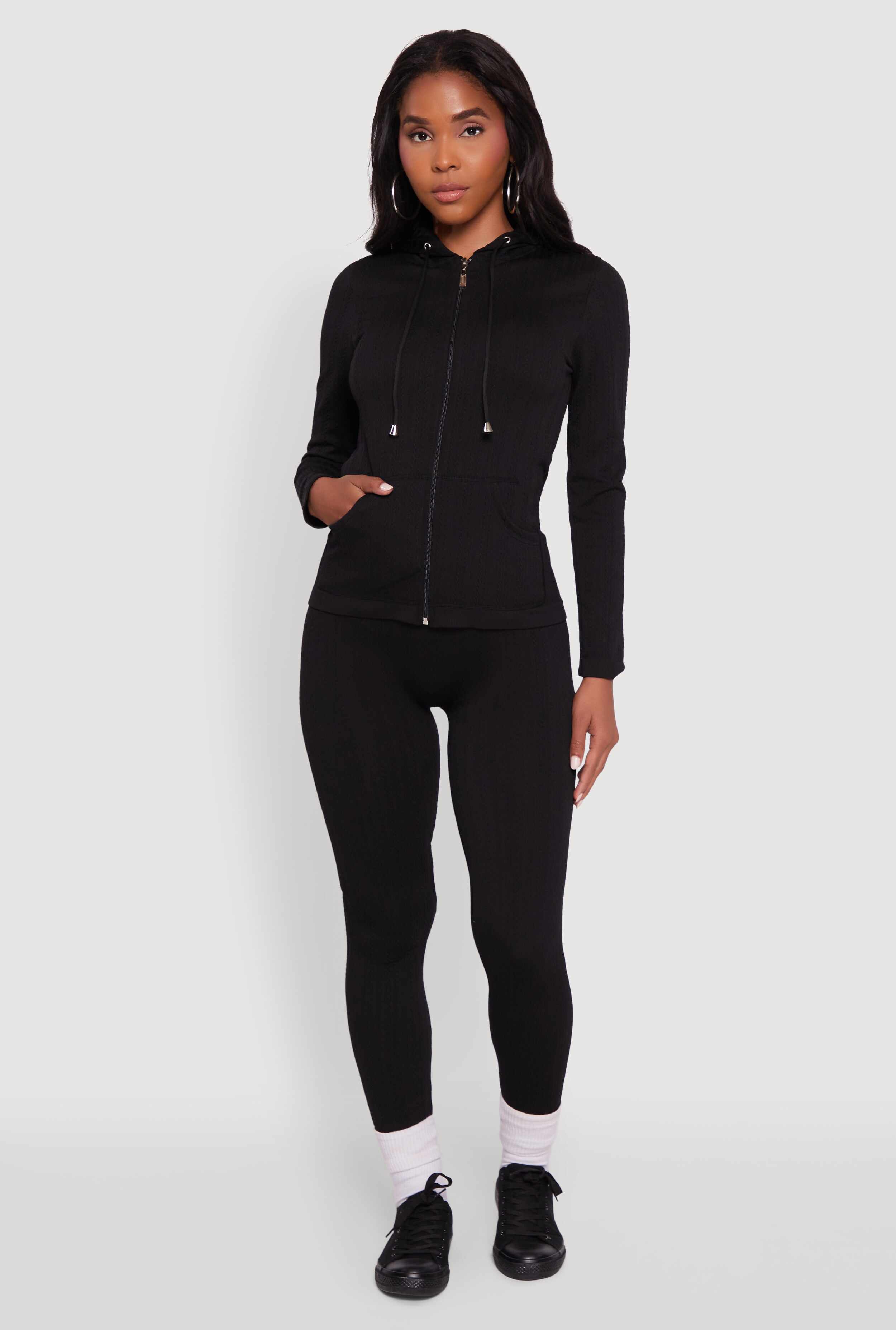 Textured Knit Zip Front Drawstring Hoodie