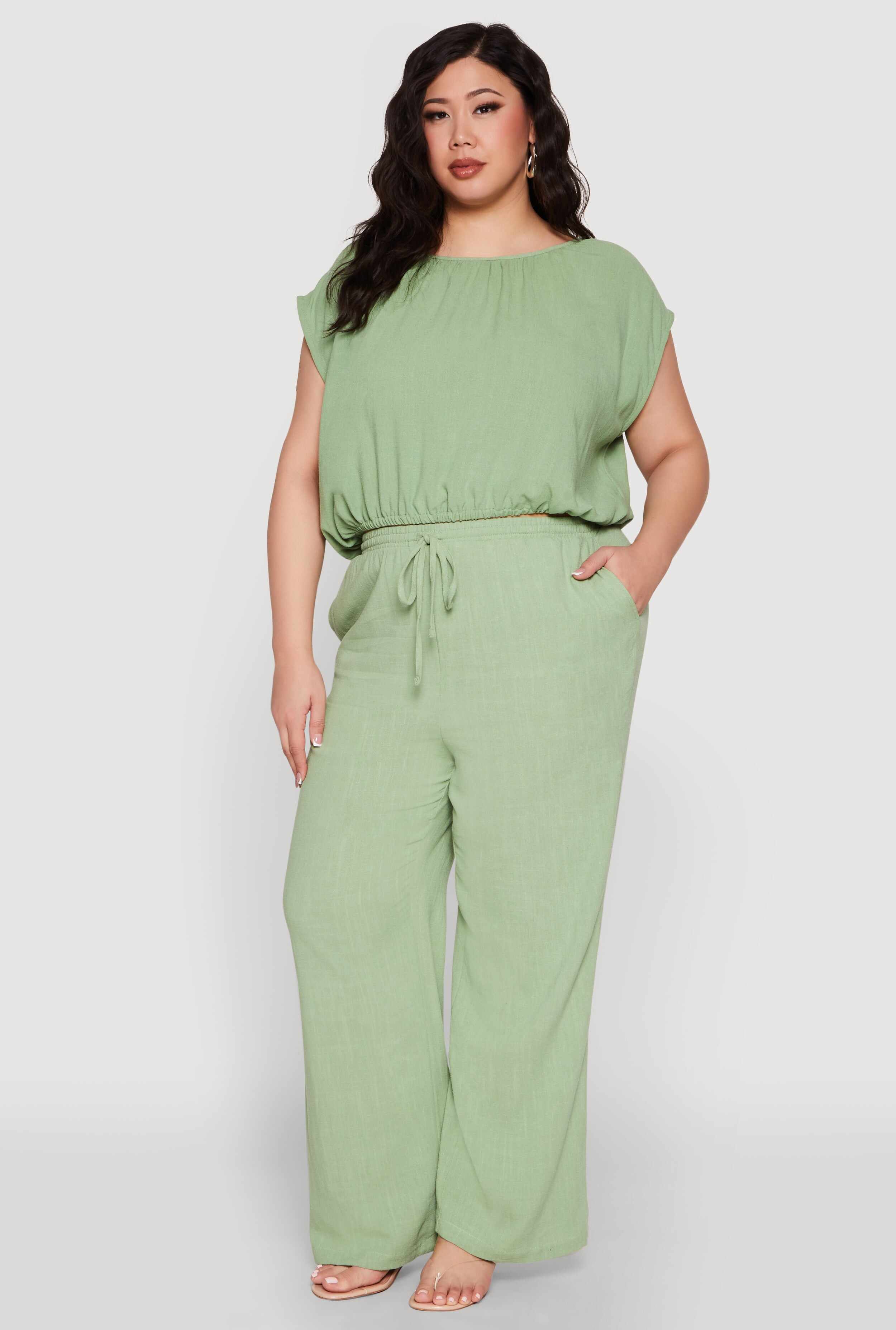 Plus Size Linen Dolman Sleeve Crop Top