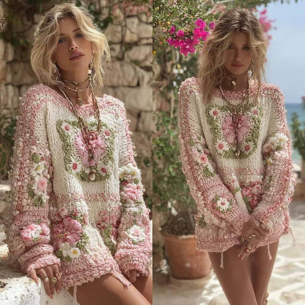 Women's Boho Granny Check Chunky Knit Crew Neck Sweater